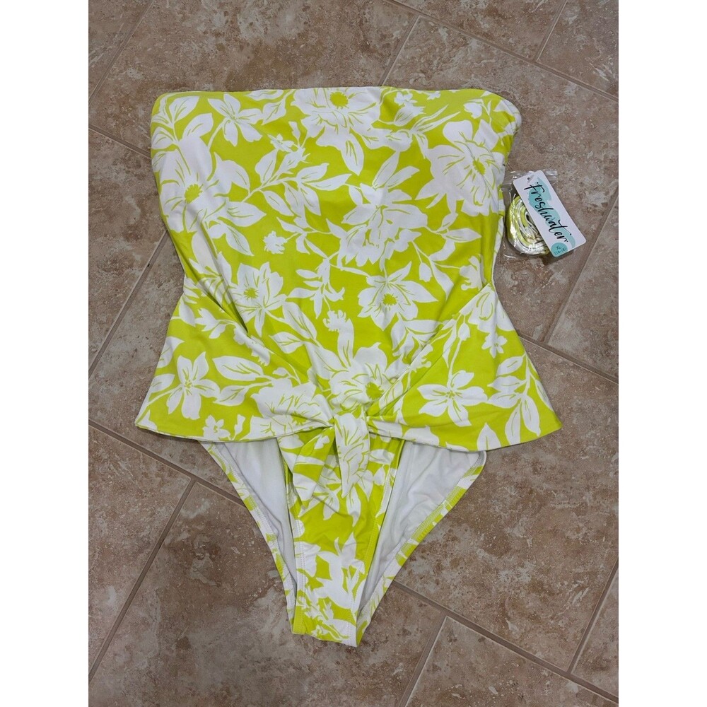 FRESHWATER WOMENS ONE PIECE BANDEAU SWIMSUIT SIZE XL CHARTREUSE GREEN/WHITE NWT
